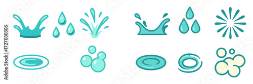 Various water splash and droplet designs in a simple and vibrant style for creative projects