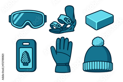 Winter sports equipment collection showcasing goggles, snowboard bindings, wax, glove, and beanie
