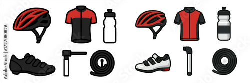 Cycling gear collection featuring helmets, jerseys, water bottles, and shoes in red and black colors suitable for outdoor biking