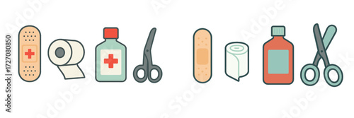 First aid supplies including bandages, scissors, and antiseptic bottles in a simple layout