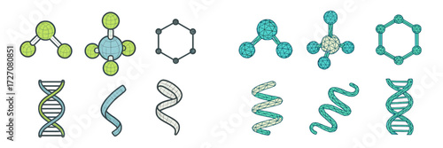 Molecular structures and DNA designs in a creative science illustration showcasing various forms and shapes