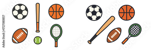 Collection of various sports equipment including soccer, basketball, tennis, and baseball items on a simple background