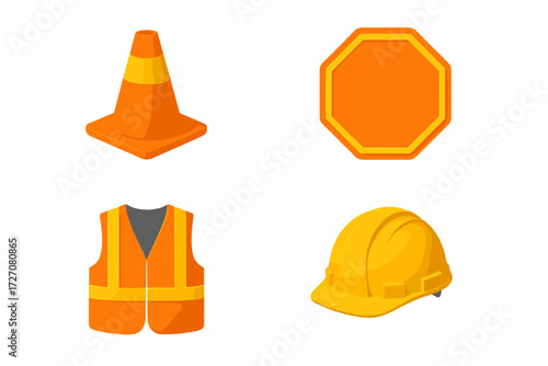 Construction safety gear and signs shown on a white background with focus on vibrant colors and shapes