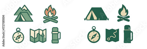 Camping and outdoor adventure gear icons for nature enthusiasts and explorers