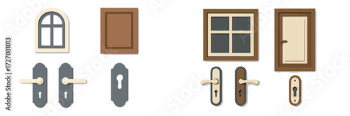 Modern and classic window and door designs with various styles and hardware options for home improvement projects