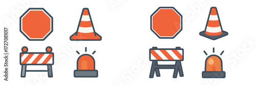 Bright orange construction signs and cones displayed in a simple arrangement highlighting safety measures on the road