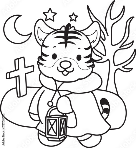 Coloring book of cute tiger character vector clip art for children.  