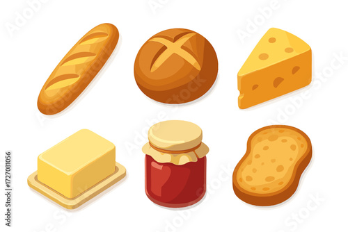 Wide variety of bread, cheese, butter, and jam arranged on a table