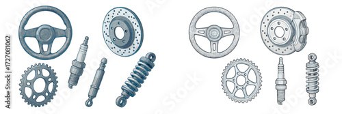 Detailed sketches of vehicle parts including steering wheels, brake discs, and suspension components