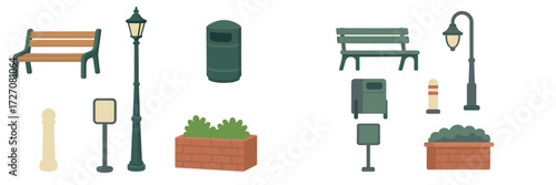 Urban park elements including benches, lamps, trash cans, and planters in a peaceful outdoor setting