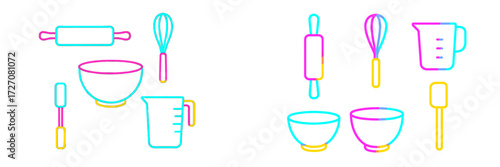 Colorful kitchen utensils and baking tools arranged for cooking and baking activities in a clean kitchen space