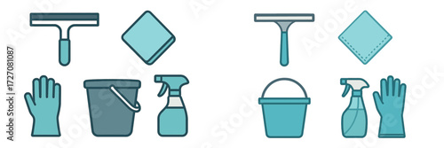 Cleaning tools including gloves, spray bottles, and buckets are organized for efficient housework tasks