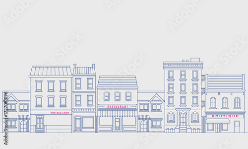 Minimalist line art of urban city street with vintage shop, boutique, restaurant and classic buildings.