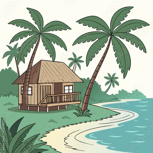 Tropical beach hut with palm trees on the coast near the sea