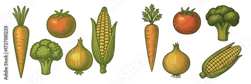 Colorful variety of fresh vegetables displayed in detail showcasing their textures and shapes in a rustic style