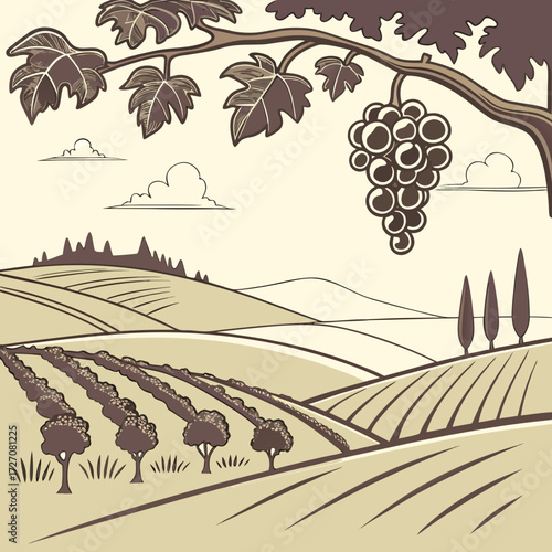 Vintage vineyard landscape with grapes, hills and trees in sepia tone