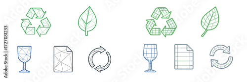Symbols representing recycling and sustainability depicted in simple line art on a white background
