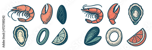 Seafood collection featuring shrimp, shellfish, and citrus in coastal style design