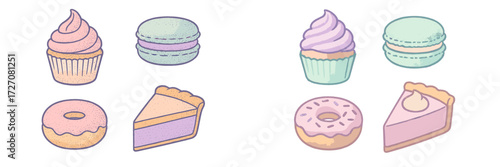Delicious pastel desserts including cupcakes, macarons, and pies presented on a light background