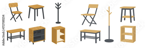 Modern wooden furniture collection featuring various seating and storage options for home or office use