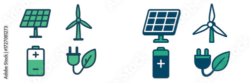 Renewable energy icons showcase solar and wind power, battery storage, and electrical connections for a sustainable future