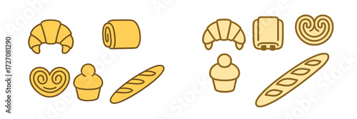Collection of various baked goods and pastries displayed in a minimalist style for a bakery concept