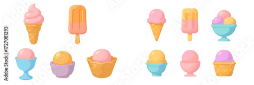 Colorful ice cream treats in various shapes and containers displayed on a white background for a summer dessert theme