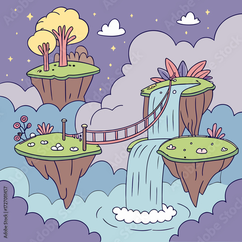 Fantasy floating islands with waterfall and rope bridge in dreamy landscape