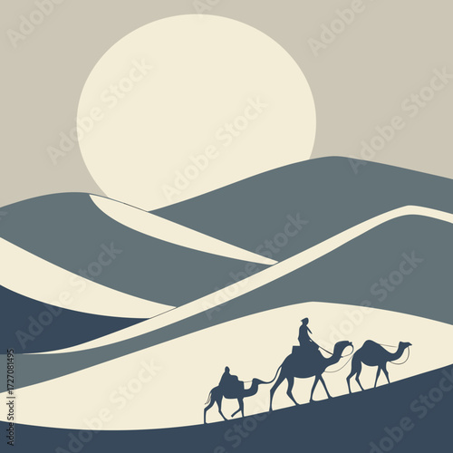 Caravan of camels crossing sand dunes in desert landscape illustration