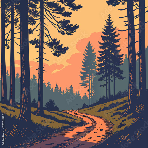 A winding dirt road leads through a forest at sunset with tall pine trees