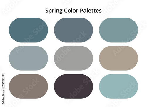 Spring color palette with muted teal, grey, beige, and earthy tones, modern seasonal swatches for design inspiration, fashion styling, branding, web graphics, and creative digital artwork.