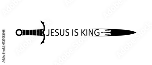 ### Short descriptionStylized sword with "JESUS IS KING" on a blade topped by a crown, black hilt; bold religious symbol of sovereignty.