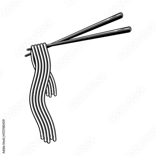 Black illustration of noodles on chopsticks without background.
