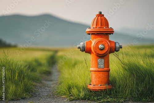 Orange fire hydrant in a grassy field