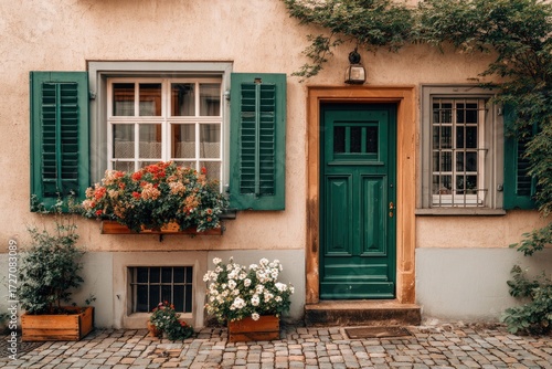 Quaint European facade with flower boxes