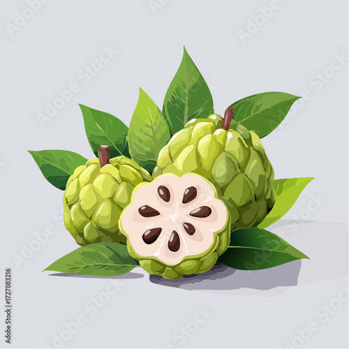 Fresh custard apples with vibrant green leaves offer a taste of tropical sweetness and natural goodness