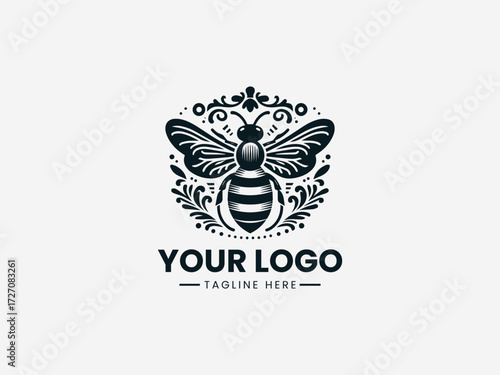 Ornate antique honey bee vector logo with detailed wings and vintage patterns for heritage brand identity