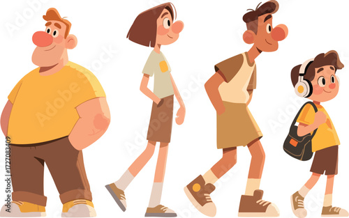 Diverse group of cartoon people walking together, creating a sense of community and togetherness, perfect for educational or family themed projects