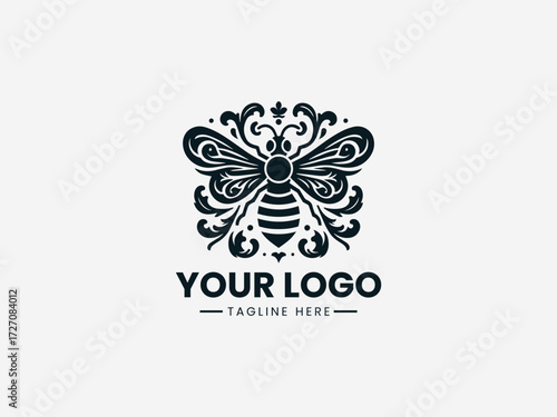 Ornate antique honey bee vector logo with detailed wings and vintage patterns for heritage brand identity