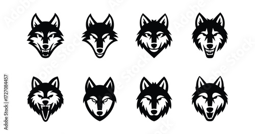 Stylized wolf mascot logo vector set, fierce head silhouettes for emblems, branding, or creative projects