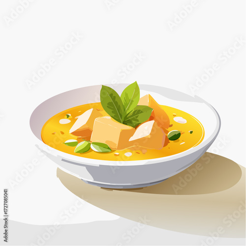 Savory yellow curry with tender tofu and fresh green basil leaves in a white bowl, delicious meal