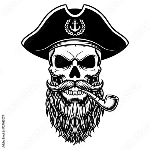 A skull with a beard, mustache, and a pirate hat with an anchor emblem, pirate, sea, sailor, captain, buccaneer