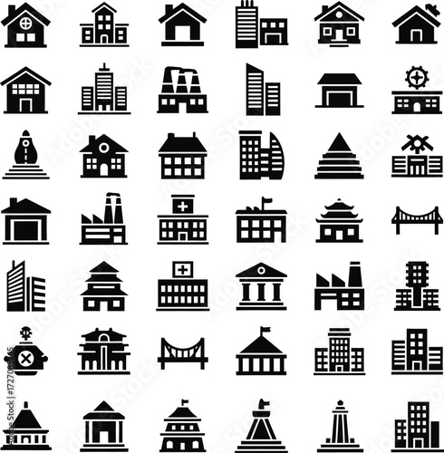 Collection of diverse building icons representing architecture and city structures