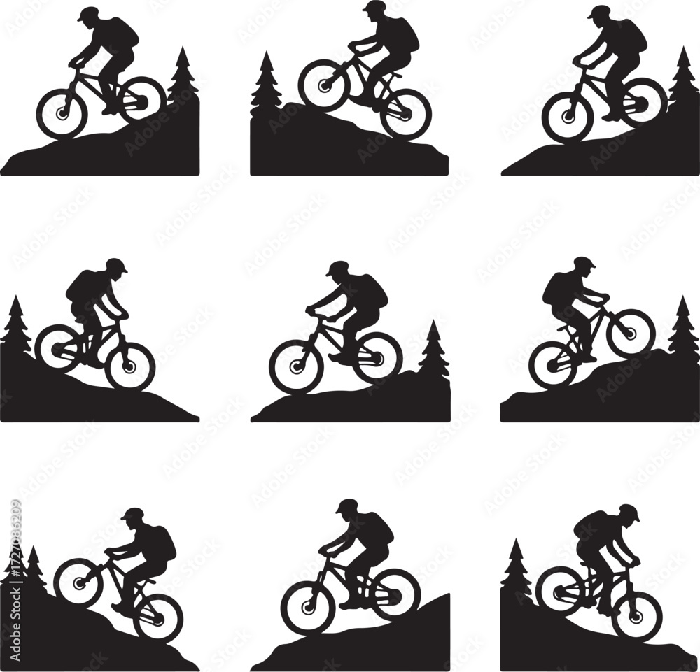 Obraz premium Black silhouette of mountain biker on hilly terrain with trees