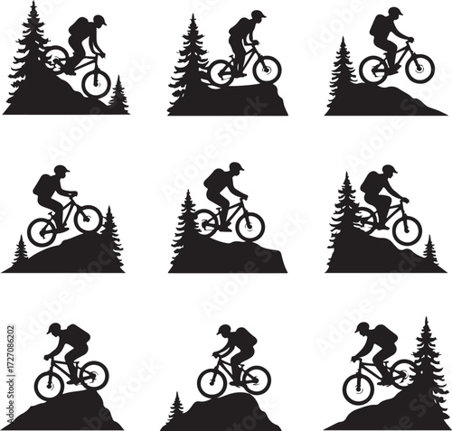 Black silhouette mountain bikers on rocky terrain with pine trees