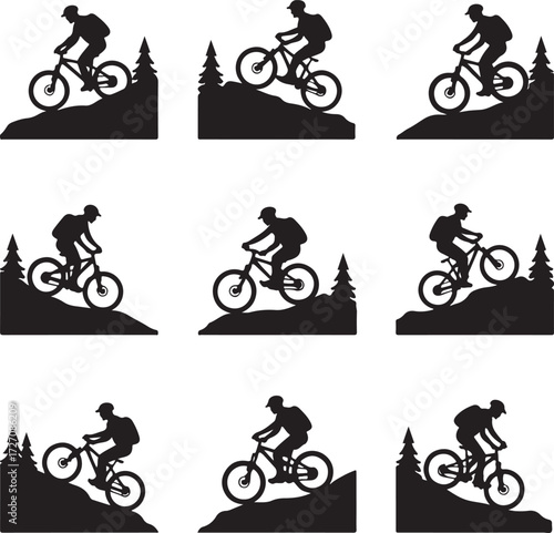 Black silhouette of mountain biker on hilly terrain with trees