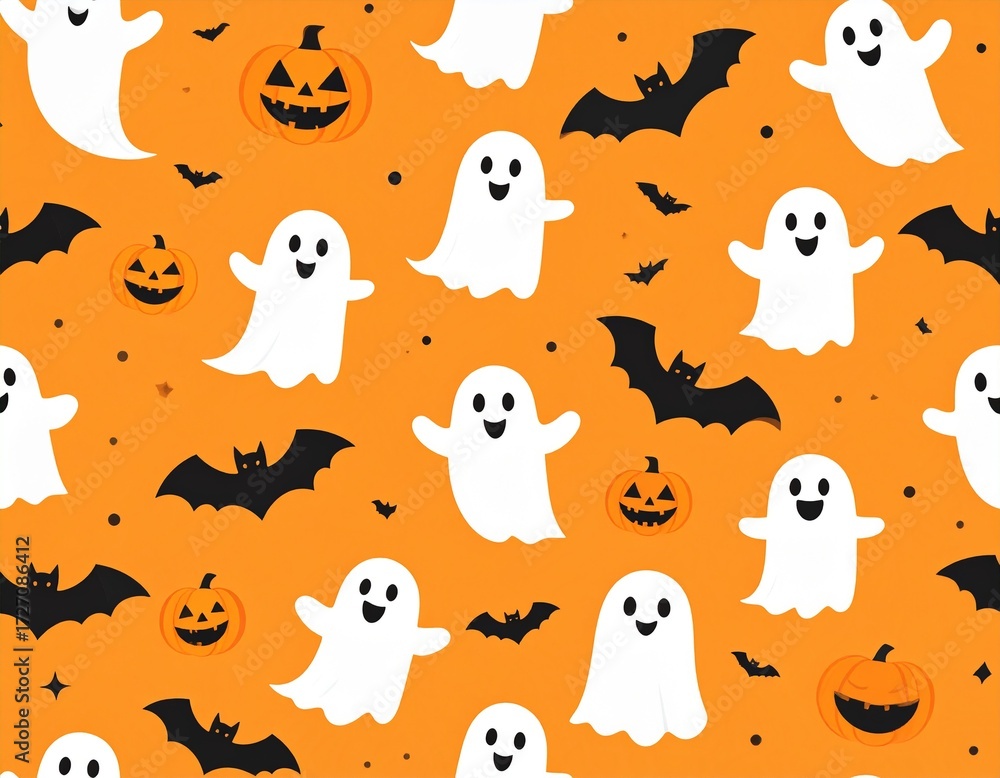 Naklejka premium Seamless Halloween Pattern of Bats, Ghosts, and Pumpkins on Orange Background