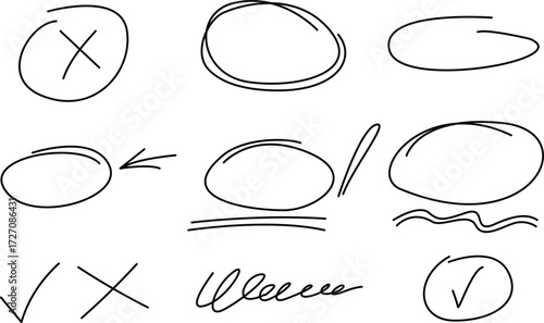 Hand drawn highlight oval frames marker arrows underline lines scribble doodle circles ovals and ellipses template vector illustration.