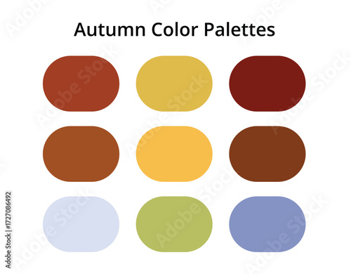 Autumn color palette with warm earthy tones including brown, red, orange, beige, and green, seasonal fall swatches for design inspiration, fashion, branding, interior decor, and creative graphic proje