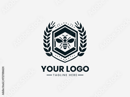 Elegant wheat stalks and honey bee inside hexagon vector logo for organic farm branding
